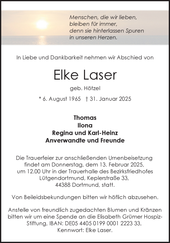 Traueranzeige von Elke Laser von Ruhr Nachrichten