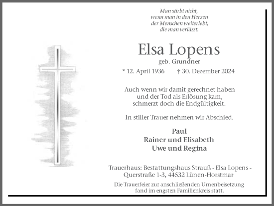Traueranzeige von Elsa Lopens von Ruhr Nachrichten