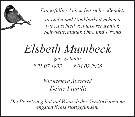 Traueranzeige von Elsbeth Mumbeck 