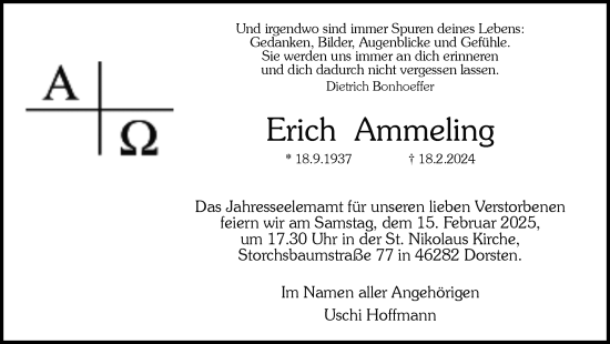 Traueranzeige von Erich Ammeling von Ruhr Nachrichten und Dorstener Zeitung