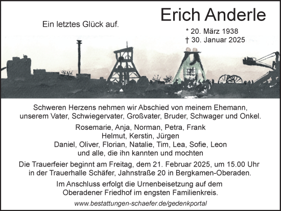 Traueranzeige von Erich Anderle von Hellweger Anzeiger