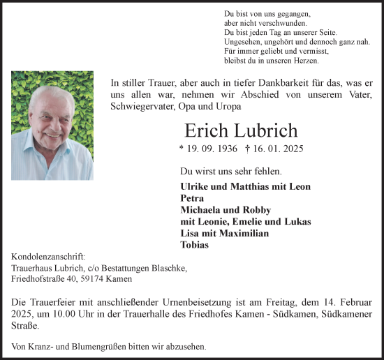Traueranzeige von Erich Lubrich von Hellweger Anzeiger