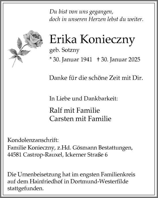 Traueranzeige von Erika Konieczny von Stadtanzeiger Castrop-Rauxel