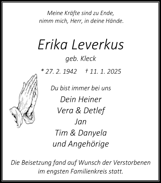Traueranzeige von Erika Leverkus von Stadtanzeiger Castrop-Rauxel