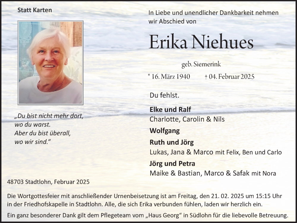  Traueranzeige für Erika Niehues vom 15.02.2025 aus Münsterland Zeitung