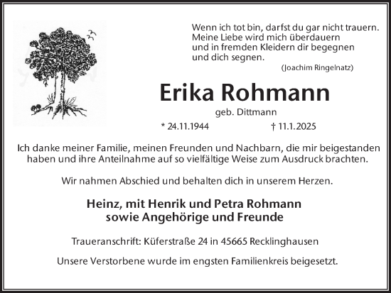 Traueranzeige von Erika Rohmann von Trauer Vest