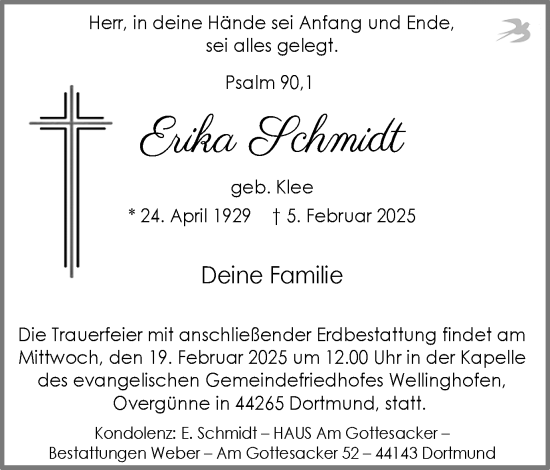 Traueranzeige von Erika Schmidt von Ruhr Nachrichten