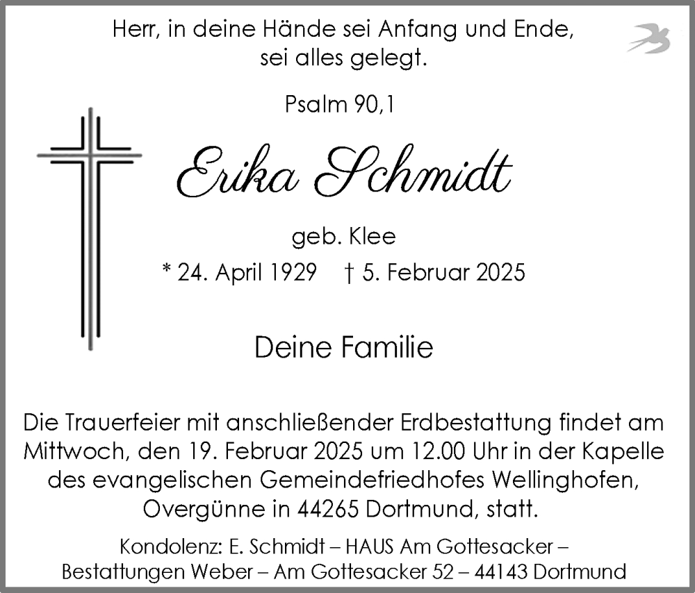  Traueranzeige für Erika Schmidt vom 15.02.2025 aus Ruhr Nachrichten