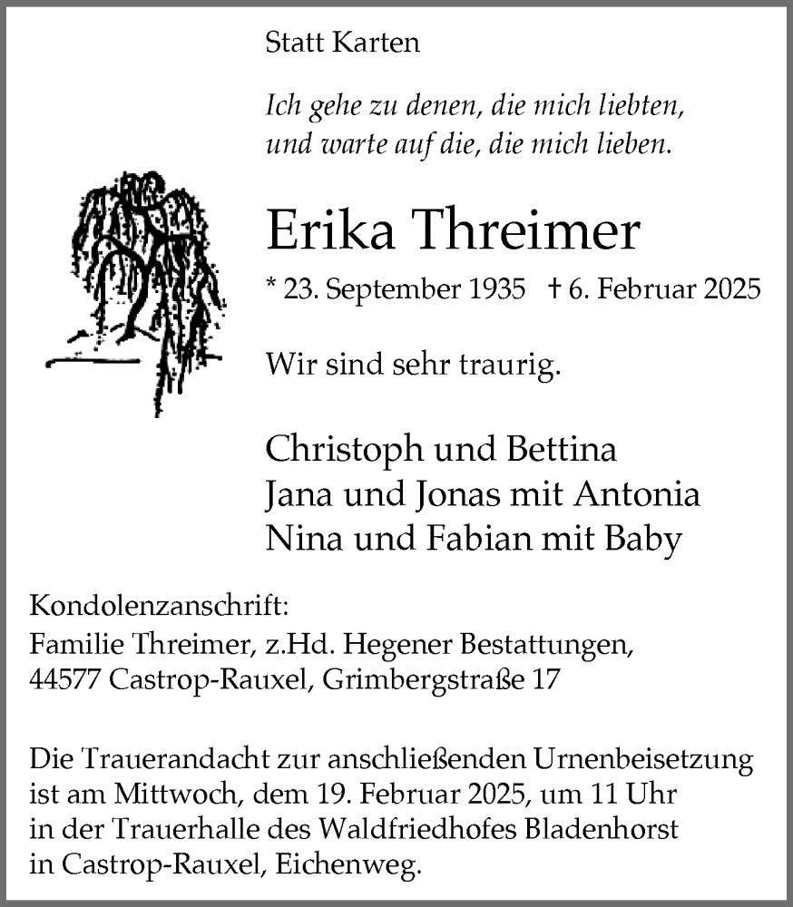  Traueranzeige für Erika Threimer vom 12.02.2025 aus Ruhr Nachrichten