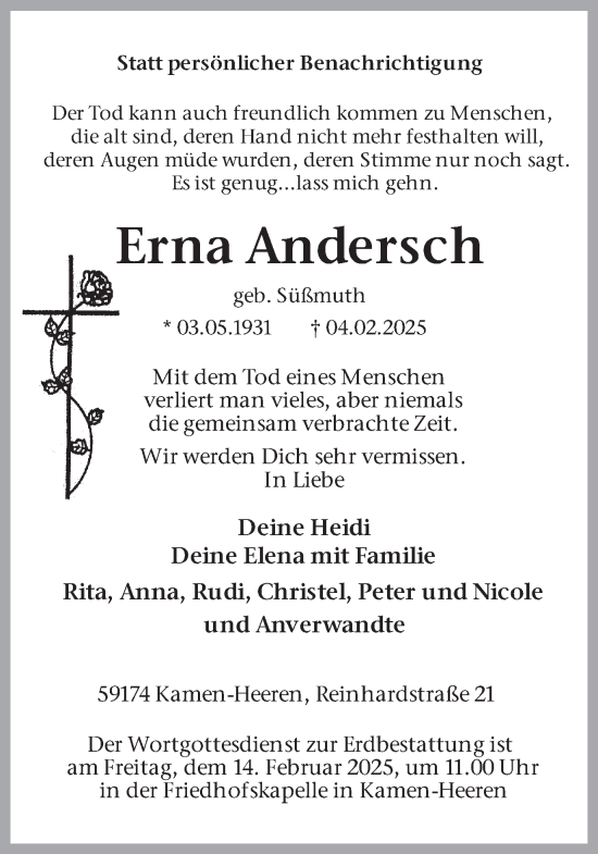 Traueranzeige von Erna Andersch von Hellweger Anzeiger