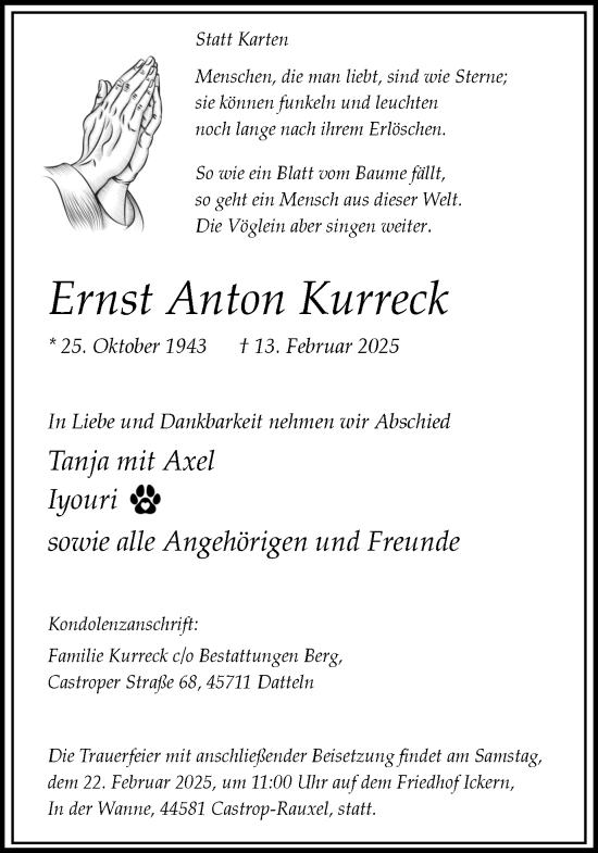 Traueranzeige von Ernst  Kurreck von Trauer Vest