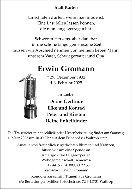 Traueranzeige von Erwin Gromann von Trauer Vest