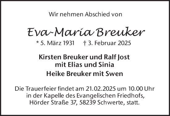 Traueranzeige von Eva-Maria Breuker von Ruhr Nachrichten