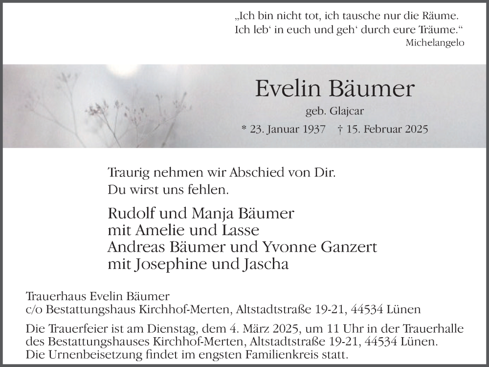  Traueranzeige für Evelin Bäumer vom 22.02.2025 aus Lüner Anzeiger