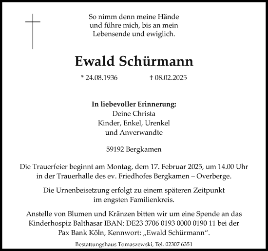 Traueranzeige von Ewald Schürmann von Hellweger Anzeiger