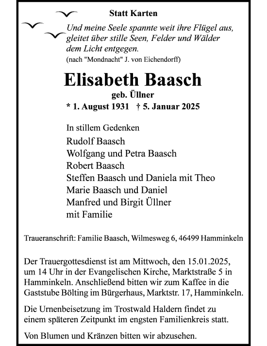 Traueranzeige von Elisabeth Baasch von Bocholter Borkener Volksblatt 