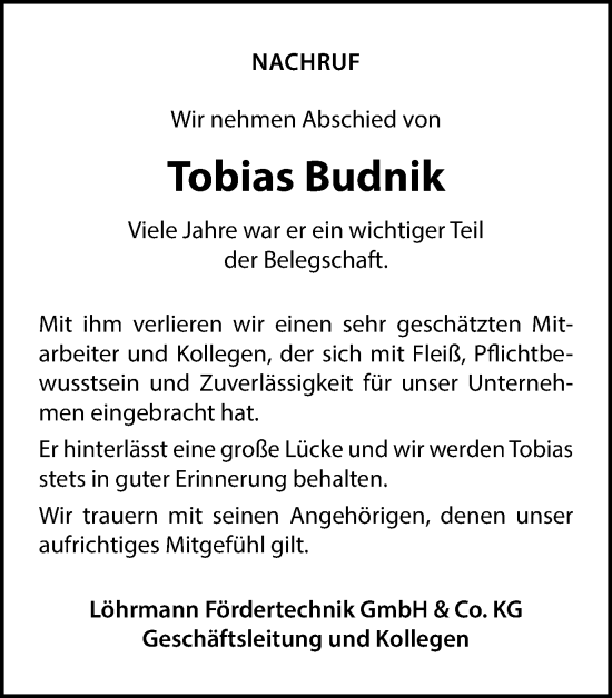 Traueranzeige von Tobias Budnik von Ruhr Nachrichten und Dorstener Zeitung