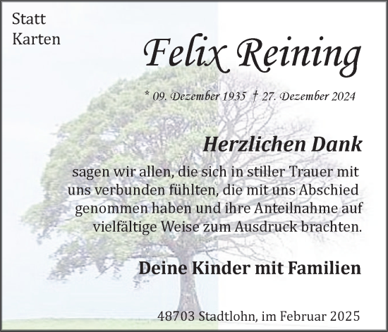 Traueranzeige von Felix Reining von Münsterland Zeitung