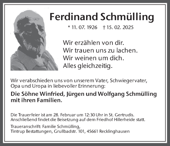 Traueranzeige von Ferdinand Schmülling von Trauer Vest