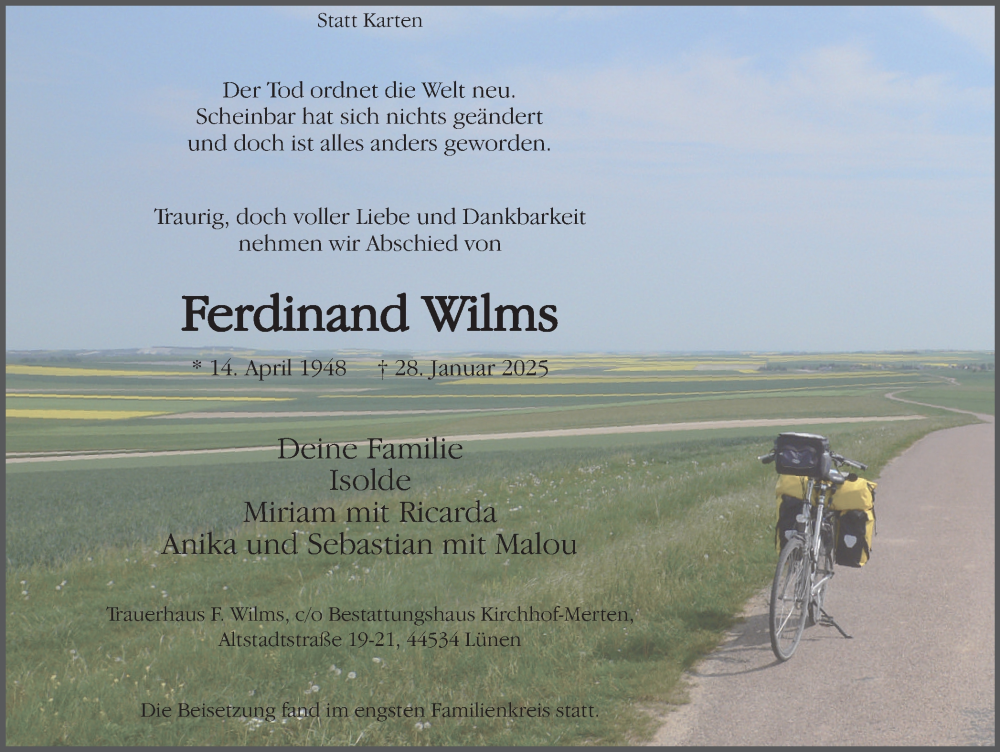 Traueranzeige für Ferdinand Wilms vom 15.02.2025 aus Ruhr Nachrichten