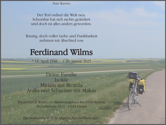 Traueranzeige von Ferdinand Wilms von Ruhr Nachrichten