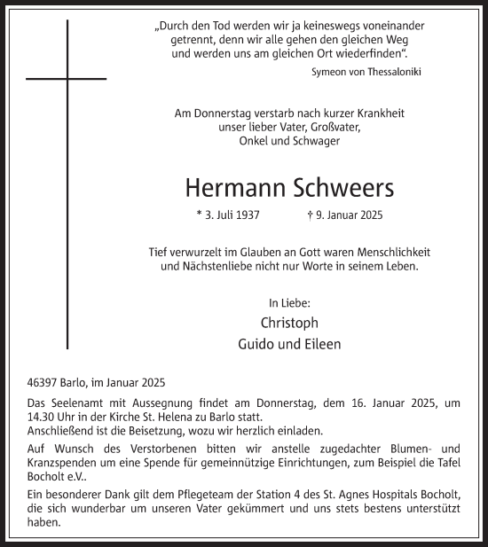 Traueranzeige von Hermann Schweers von Bocholter Borkener Volksblatt 