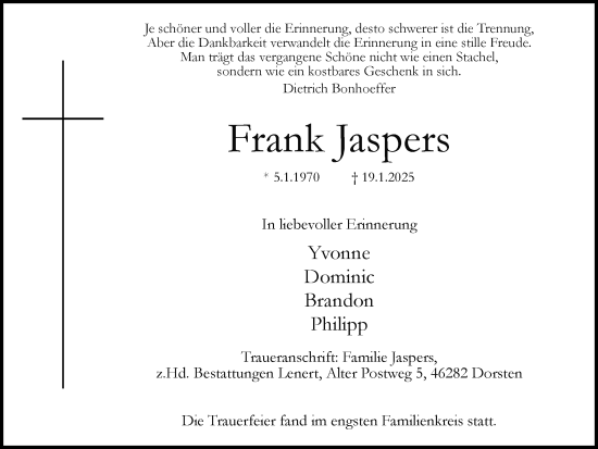 Traueranzeige von Frank Jaspers von Ruhr Nachrichten und Dorstener Zeitung