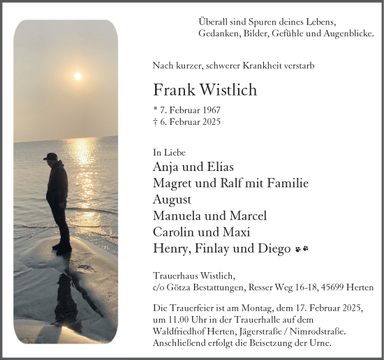 Traueranzeige von Frank Wistlich von Trauer Vest
