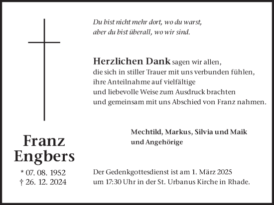 Traueranzeige von Franz Engbers von Ruhr Nachrichten und Dorstener Zeitung