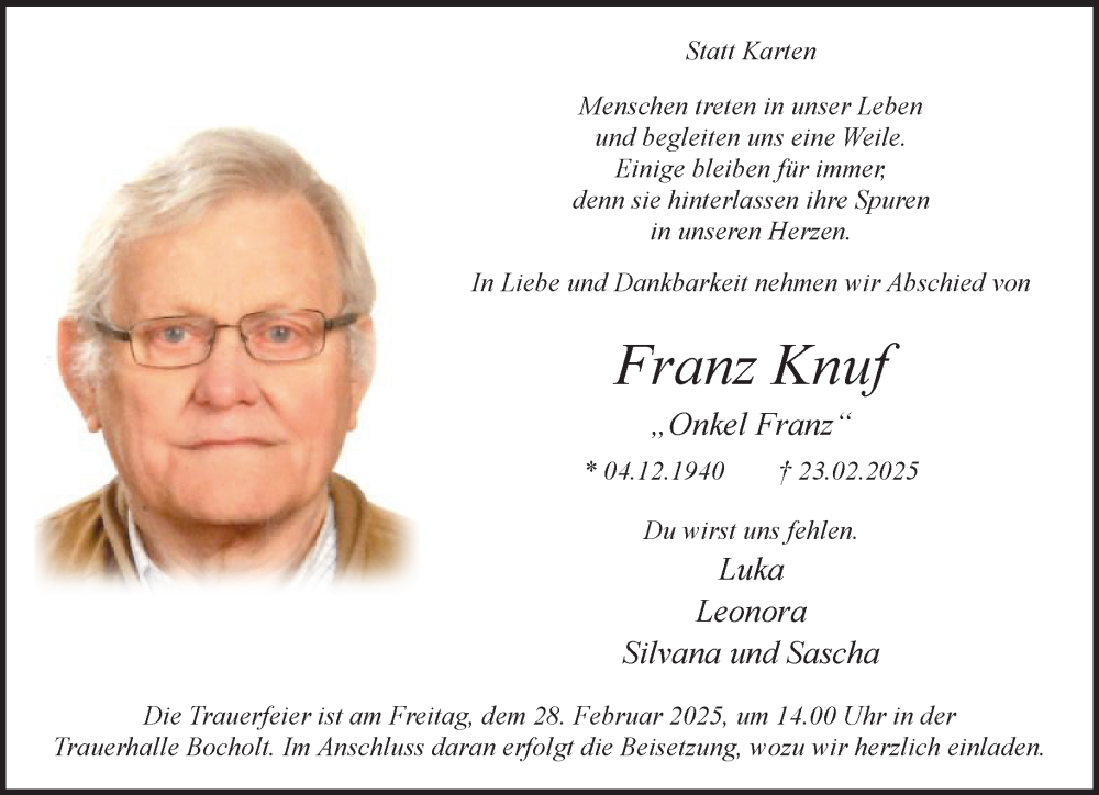  Traueranzeige für Franz Knuf vom 26.02.2025 aus 