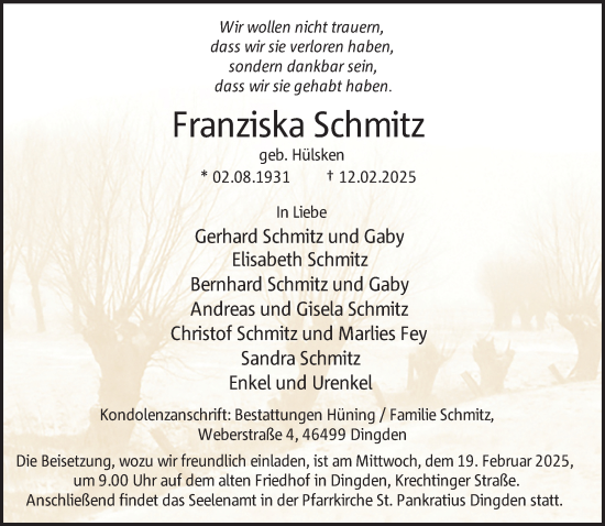 Traueranzeige von Franziska Schmitz 