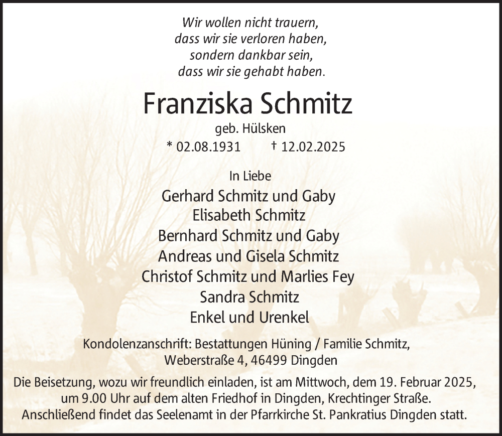  Traueranzeige für Franziska Schmitz vom 15.02.2025 aus 