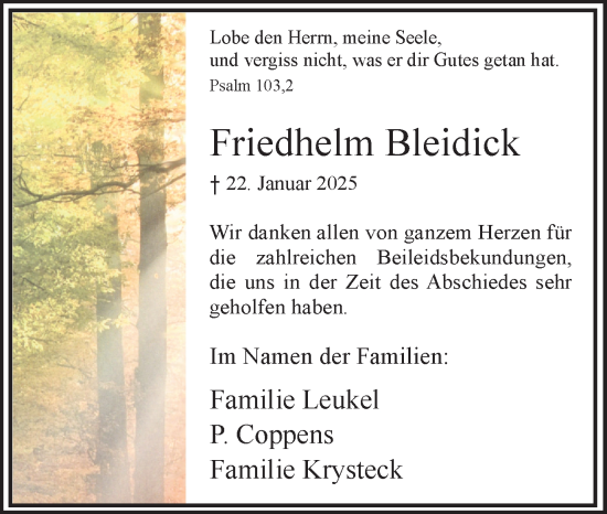 Traueranzeige von Friedhelm Bleidick von Hellweger Anzeiger