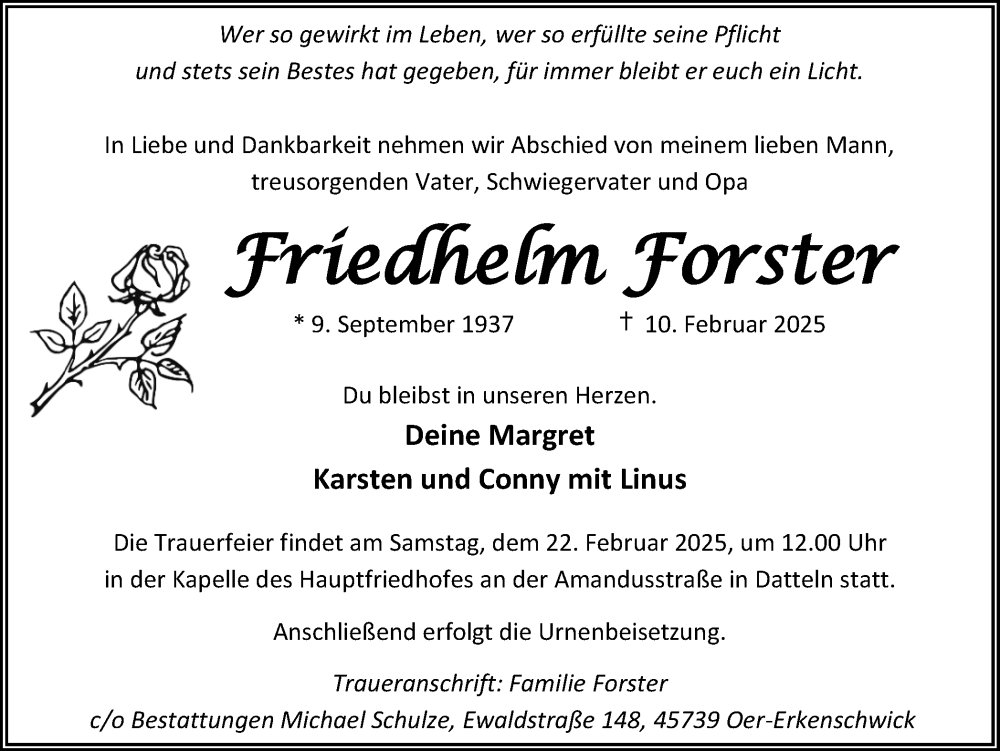  Traueranzeige für Friedhelm Forster vom 15.02.2025 aus Trauer Vest
