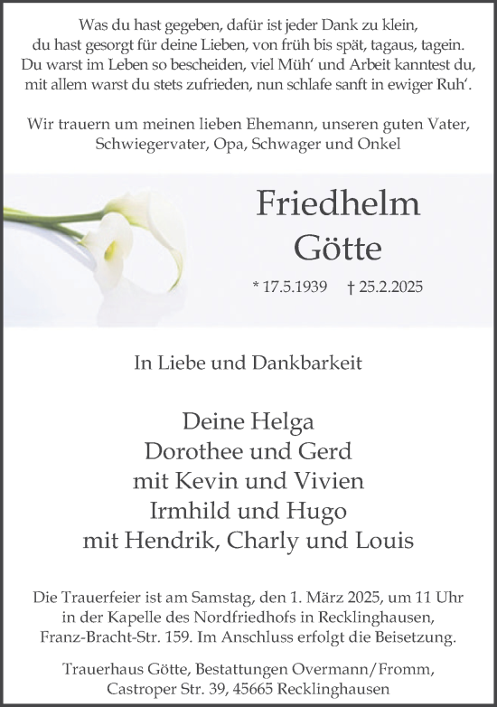 Traueranzeige von Friedhelm Götte von Trauer Vest