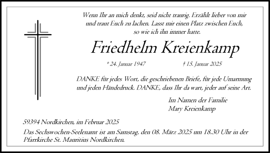 Traueranzeige von Friedhelm Kreienkamp von Ruhr Nachrichten