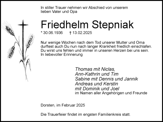 Traueranzeige von Friedhelm Stepniak von Ruhr Nachrichten und Dorstener Zeitung