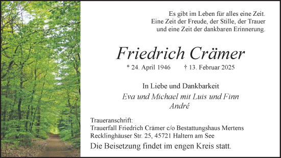 Traueranzeige von Friedrich Crämer von Ruhr Nachrichten und Halterner Zeitung