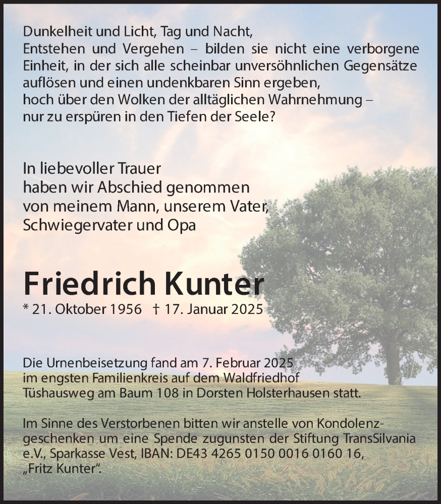  Traueranzeige für Friedrich Kunter vom 15.02.2025 aus Ruhr Nachrichten und Dorstener Zeitung