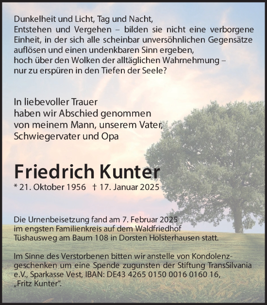 Traueranzeige von Friedrich Kunter von Ruhr Nachrichten und Dorstener Zeitung