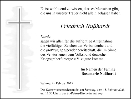 Traueranzeige von Friedrich Nußhardt von Trauer Vest