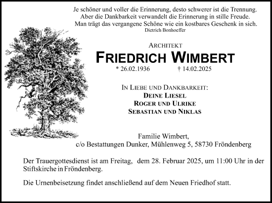 Traueranzeige von Friedrich Wimbert von Hellweger Anzeiger