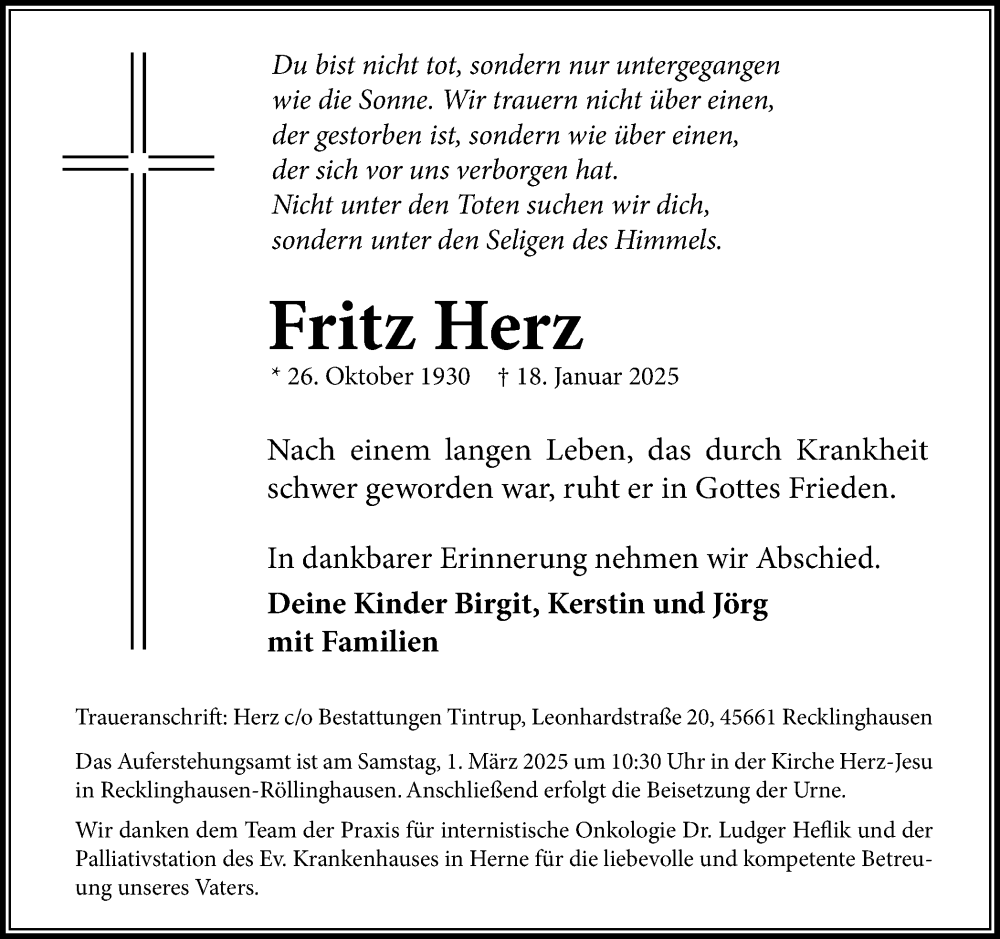  Traueranzeige für Fritz Herz vom 15.02.2025 aus Trauer Vest