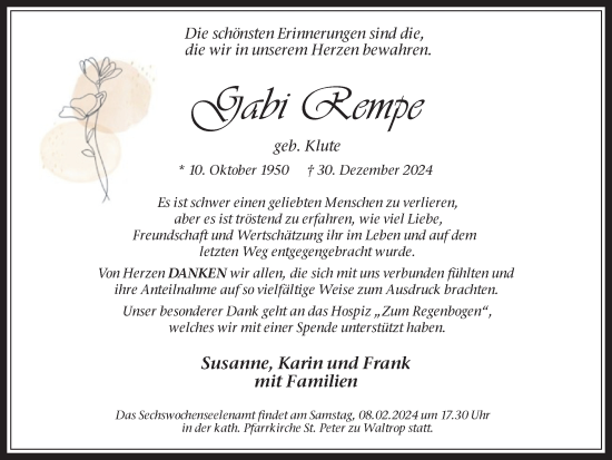 Traueranzeige von Gabi Rempe von Trauer Vest