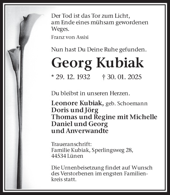 Traueranzeige von Georg Kubiak von Lüner Anzeiger