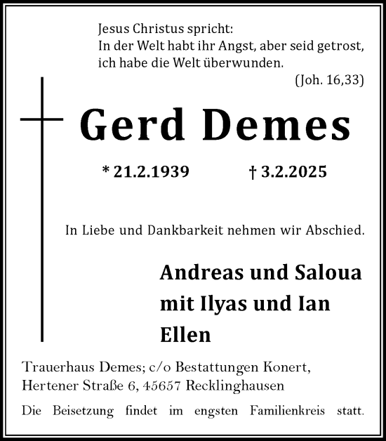 Traueranzeige von Gerd Demes von Trauer Vest