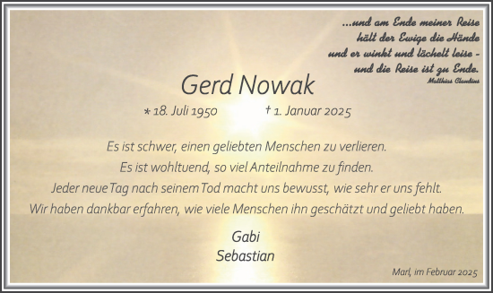 Traueranzeige von Gerd Nowak von Trauer Vest