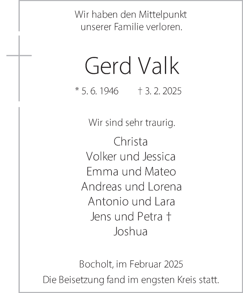  Traueranzeige für Gerd Valk vom 12.02.2025 aus 