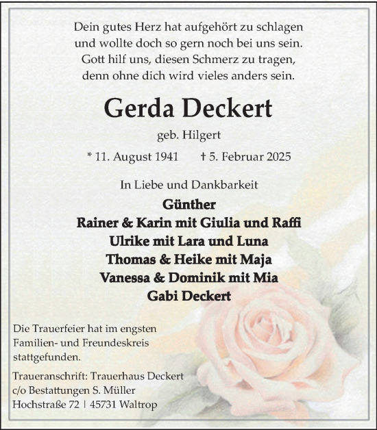 Traueranzeige von Gerda Deckert von Trauer Vest