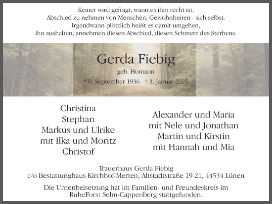 Traueranzeige von Gerda Fiebig von Ruhr Nachrichten